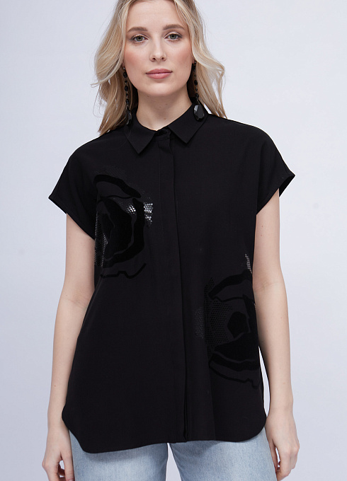 Блузка oversize с печатью женский,  черный цвет